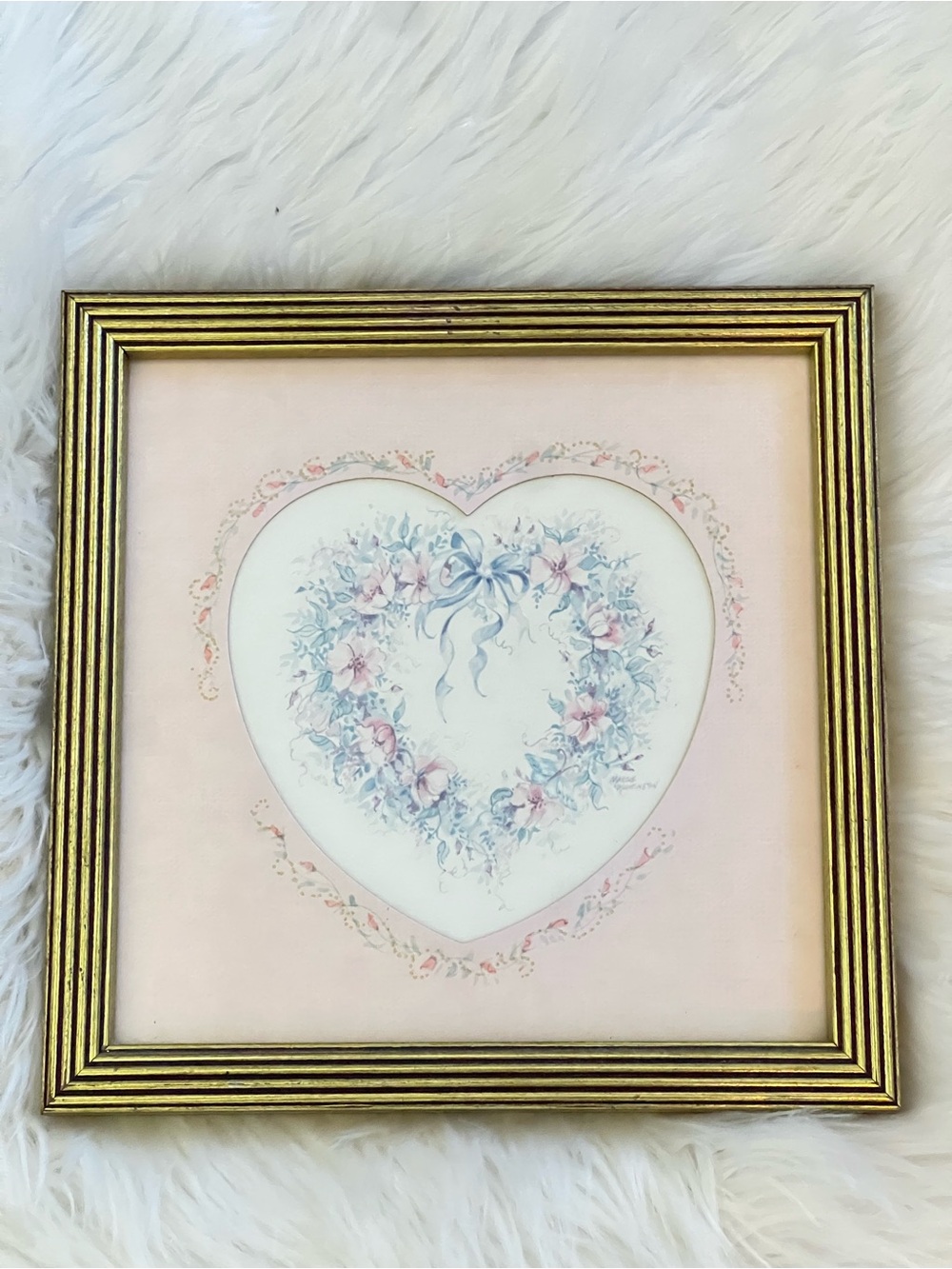 Vintage Floral Heart Wreath Framed Picture Pastel Blue Pink Cottage Shabby Chic